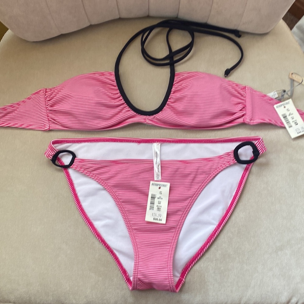 Aeropostale Hot Pink & Black Trim Striped Triangle Bikini